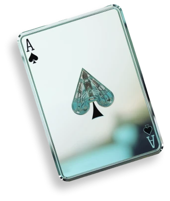 3D illustration of an Ace of Spades playing card, featuring a stylized spade symbol in the center and a glossy finish, with a blurred background.